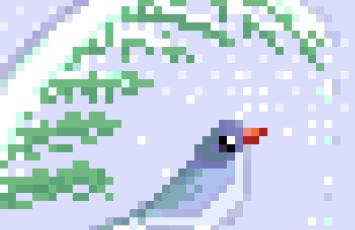 simple pixel art of a blue-white bird with red beak looking up under a snow-covered green fern