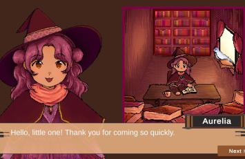 Game screen with visual novel style character sprite on left, dialogue on bottom, pixel art on right