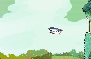 Game screen of bird flying to a house on the right side, with sky in the background
