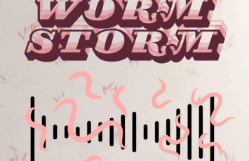 Worm Storm Logo, pink background with a sound wave and worms overlayed