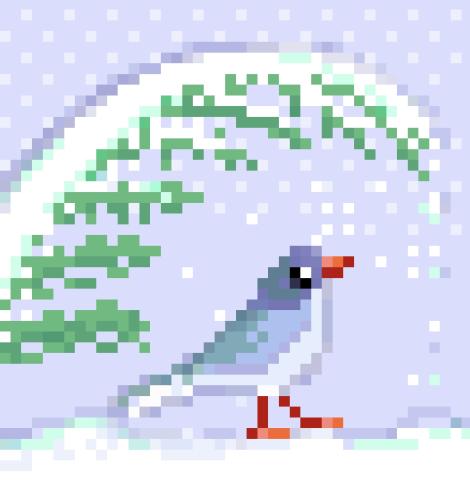 simple pixel art of a blue-white bird with red beak looking up under a snow-covered green fern