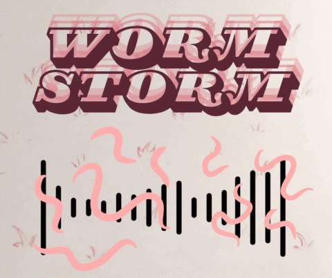 Worm Storm Logo, pink background with a sound wave and worms overlayed
