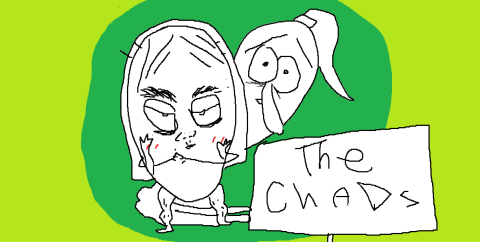really good MS Paint drawing of two stick figures representing the team holding a sign